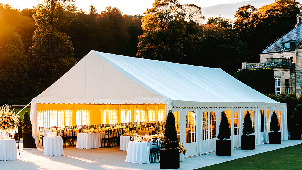 Vue extérieure comparant une tente stretch aux formes organiques et un chapiteau classique dans un jardin événementiel