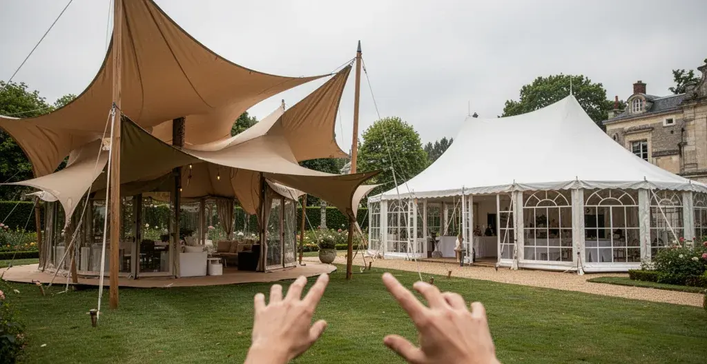 Vue extérieure comparant une tente stretch aux formes organiques et un chapiteau classique dans un jardin événementiel