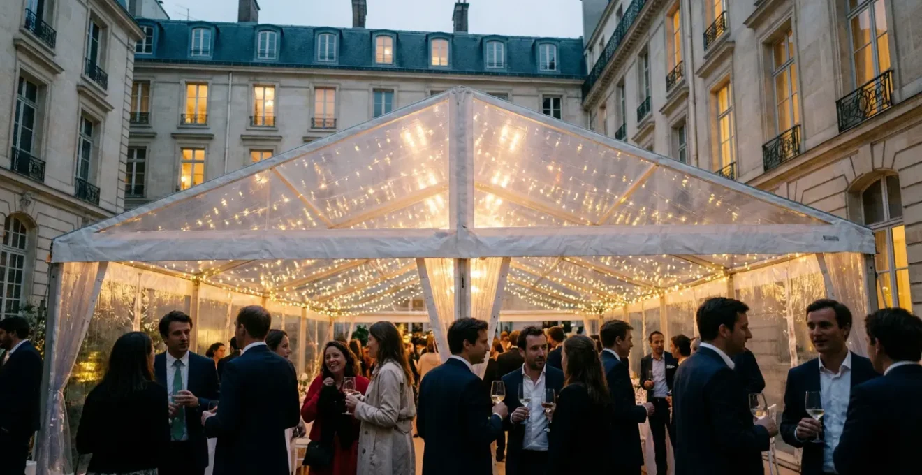 Tente cristal élégante installée dans une cour d'hôtel particulier parisien lors d'une réception de soirée