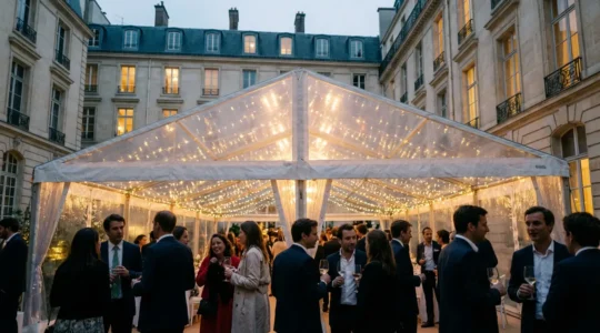 Tente cristal élégante installée dans une cour d'hôtel particulier parisien lors d'une réception de soirée