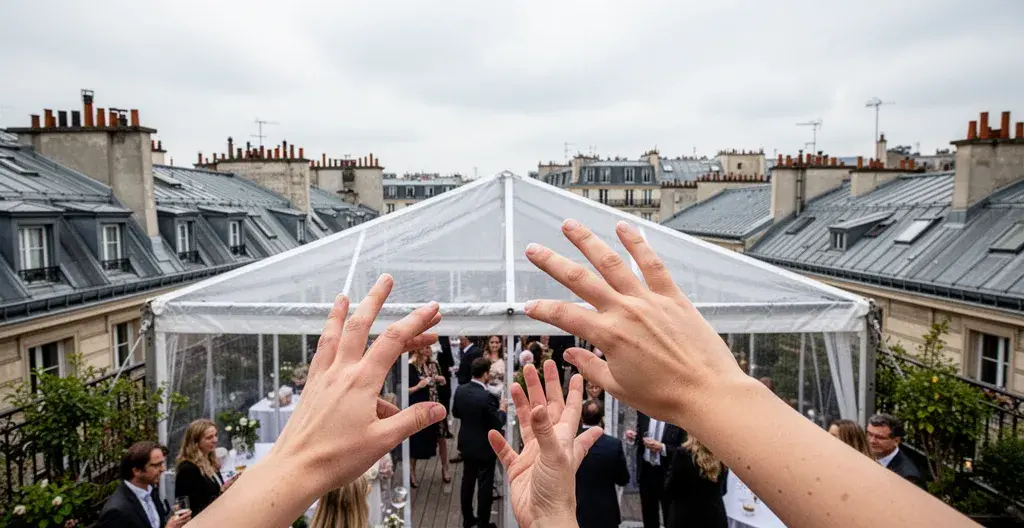 Tente transparente installée sur un rooftop parisien avec vue sur les toits de zinc pendant une réception