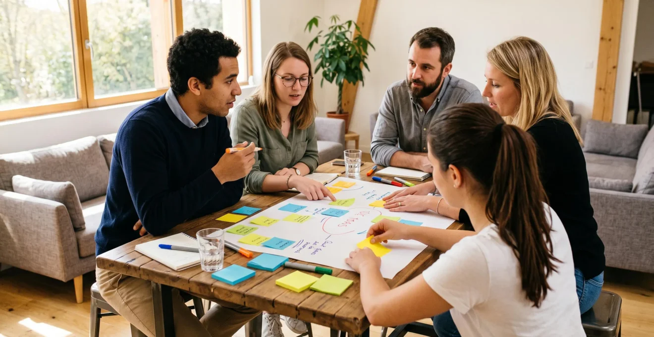 Nouveaux employés collaborant autour d'une table lors d'un atelier avec post-its et feuilles de papier.
