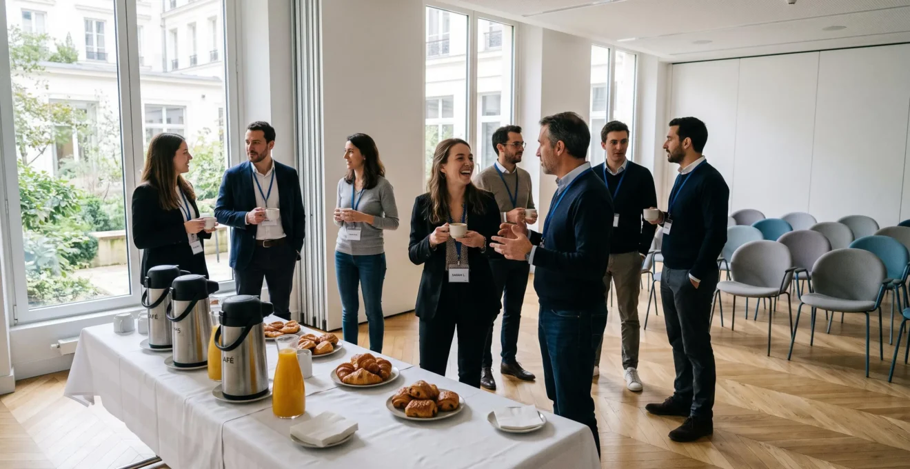 Nouveaux collaborateurs échangeant autour d'un café d'accueil lors d'un séminaire d'intégration dans une salle lumineuse.