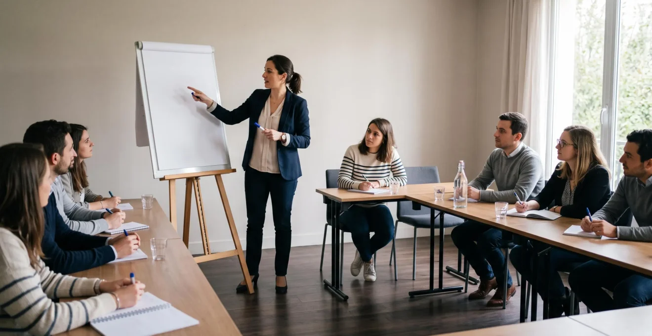 Une manager présente les objectifs du séminaire d'intégration à un groupe assis devant un paperboard.